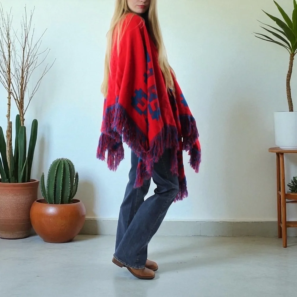 Vintage 70s Poncho Mexican Reversible Fringe Cape Shawl Blue/Red Wool Handmade